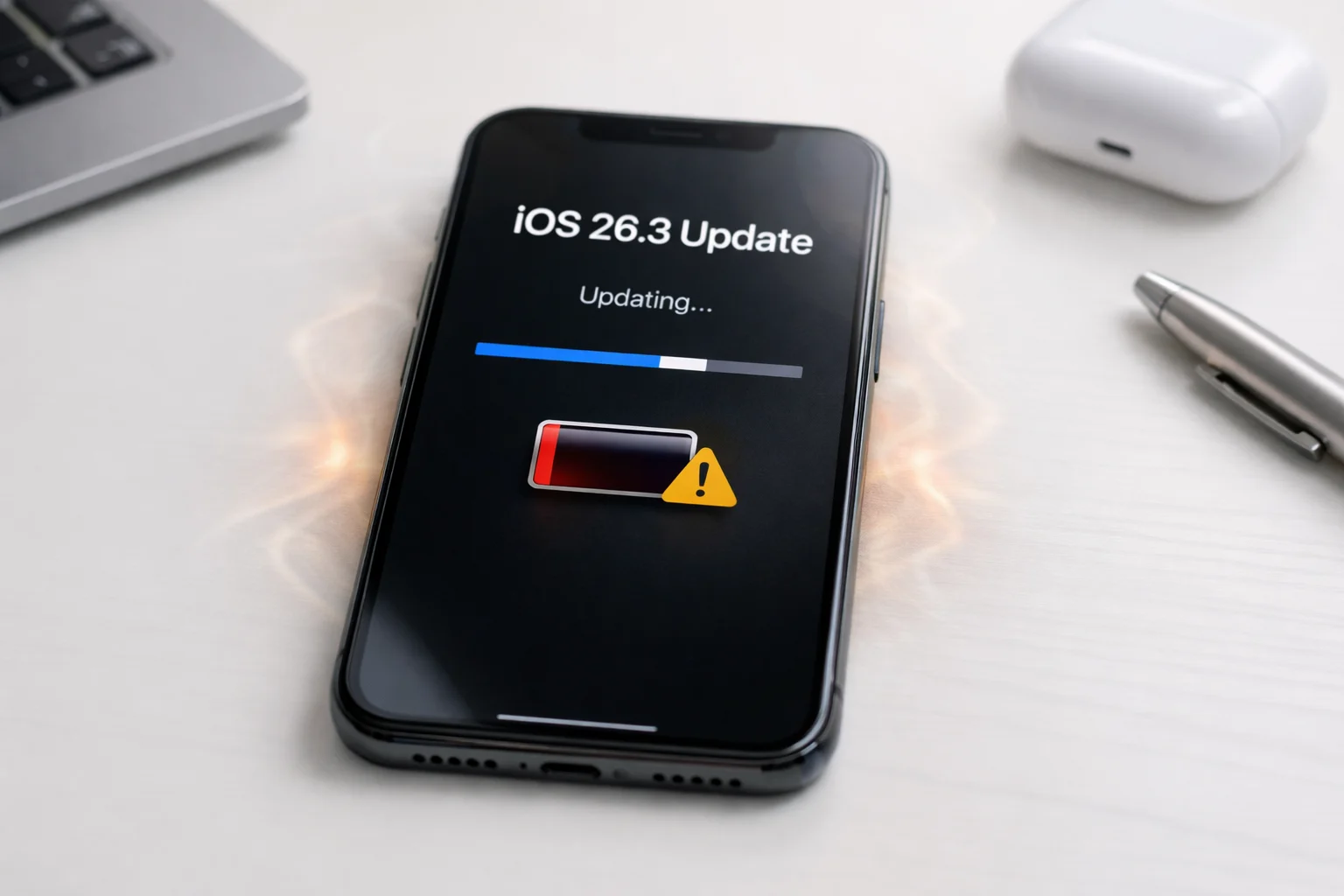 iPhone showing iOS 26.3 update screen with progress bar, low battery warning icon and heating effect on white desk